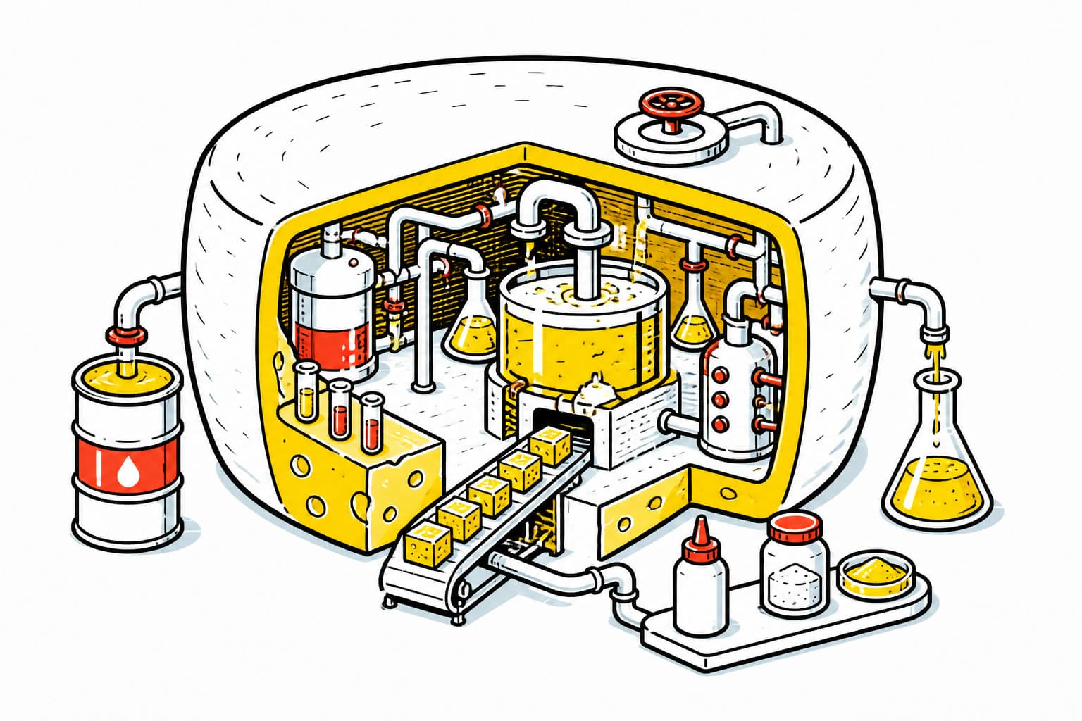 Een grafische kaas die vanbinnen een chemische fabriek met leidingen, vaten en laboratoriumflessen blijkt te zijn.